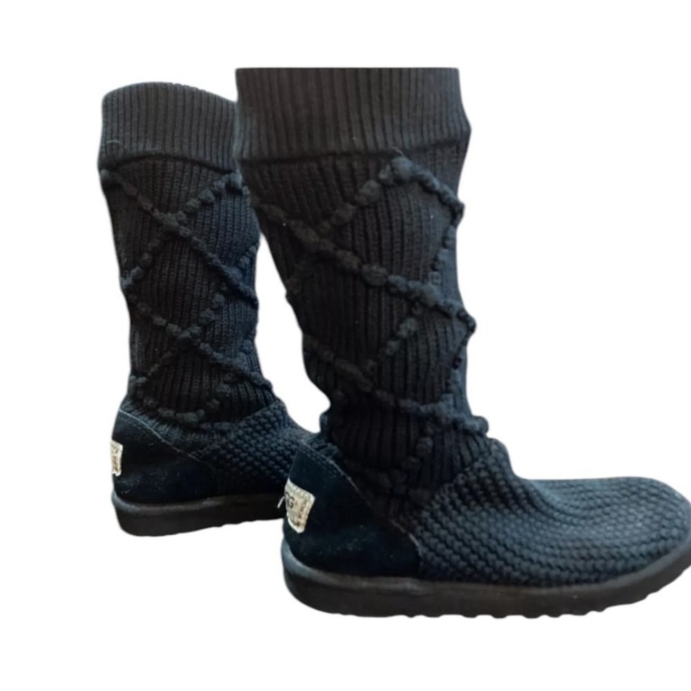 UGG Austrailia s/n 5879 Cardy Argyle Midcalf Black Knit Boot sz 7 - Picture 2 of 6